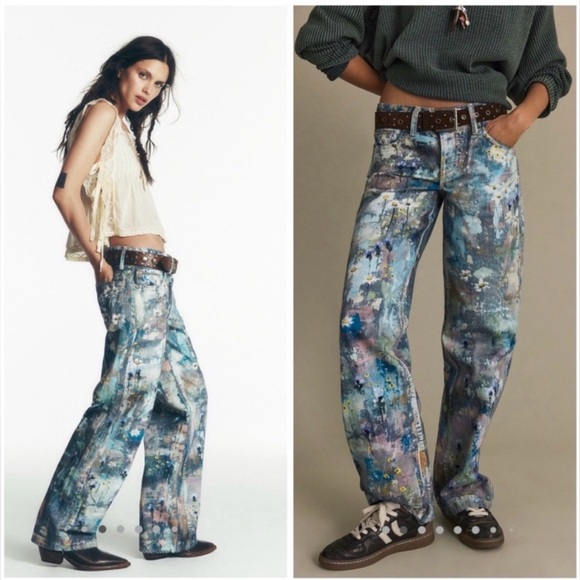 Free People Denim - Free People Tennessee Low Rise Illusion Jeans Floral Canvas Paint Splatter Sz 26